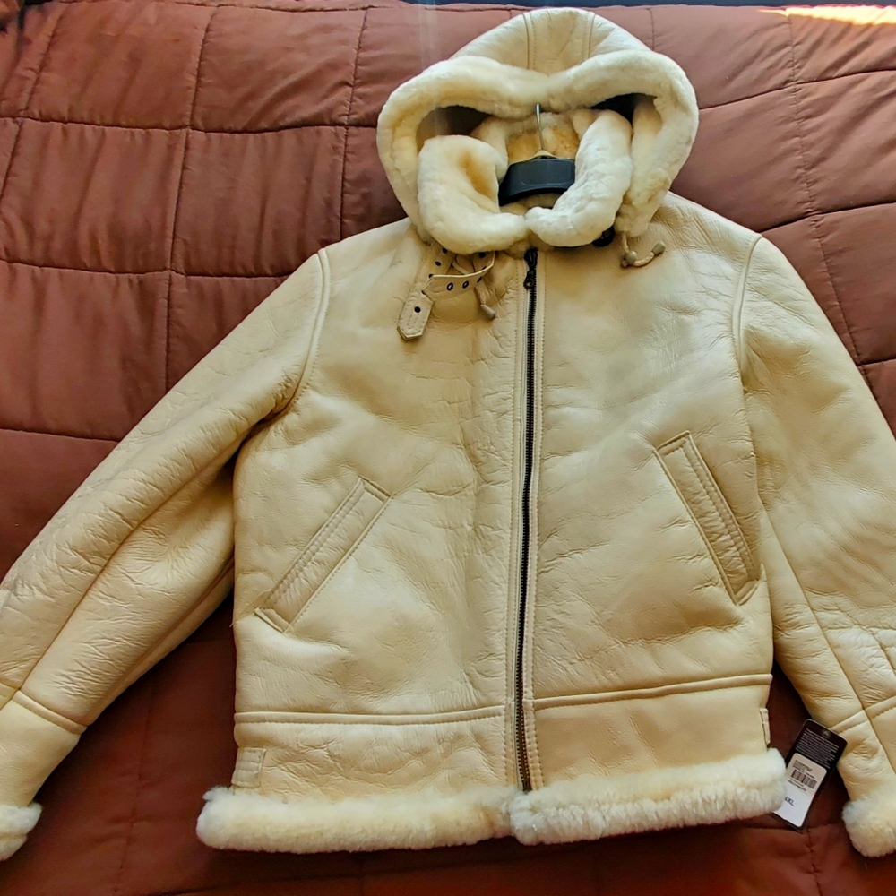 Men's Cream color hooded sheepskin jacket
